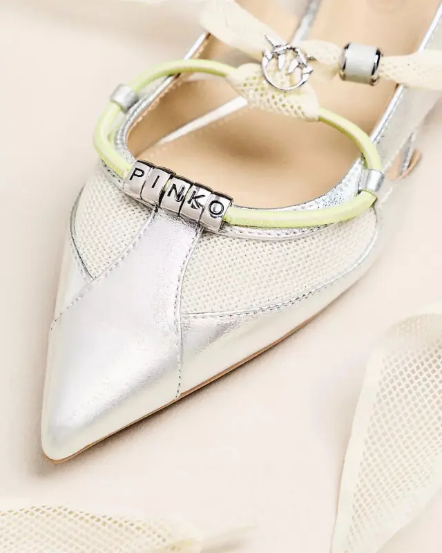 PINKO Gianira 30 SD0547P049-ZZF Γυναικείες Ασημί Δερμάτινες Slingback Μπαλαρίνες 2