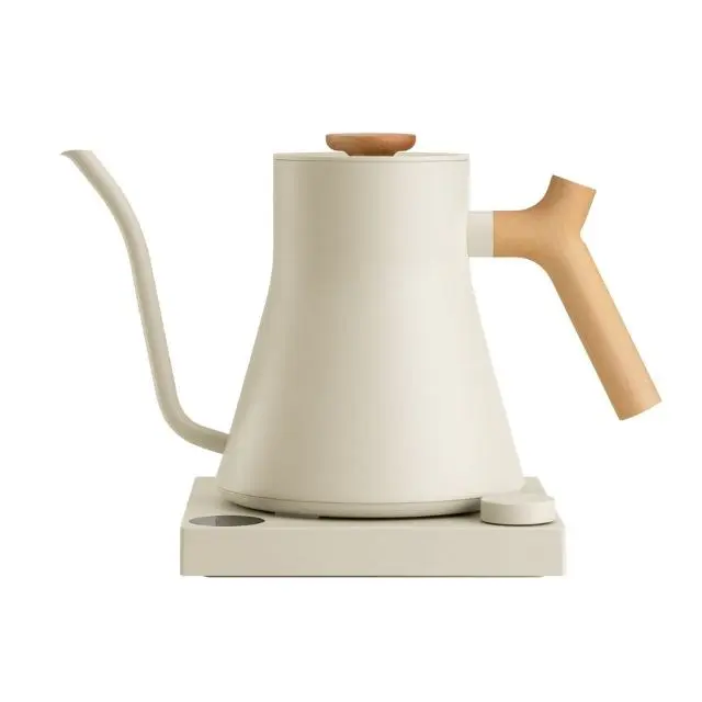 Fellow Stagg EKG PRO 900ml electric kettle in sesame beige with a wooden handle