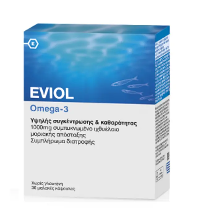 Eviol | Omega - 3 1000mg | Συμπλήρωμα Διατροφής Υψηλής Συγκέντρωσης & Καθαρότητας Ιχθυέλαιο | 30 Μαλακές Κάψουλες