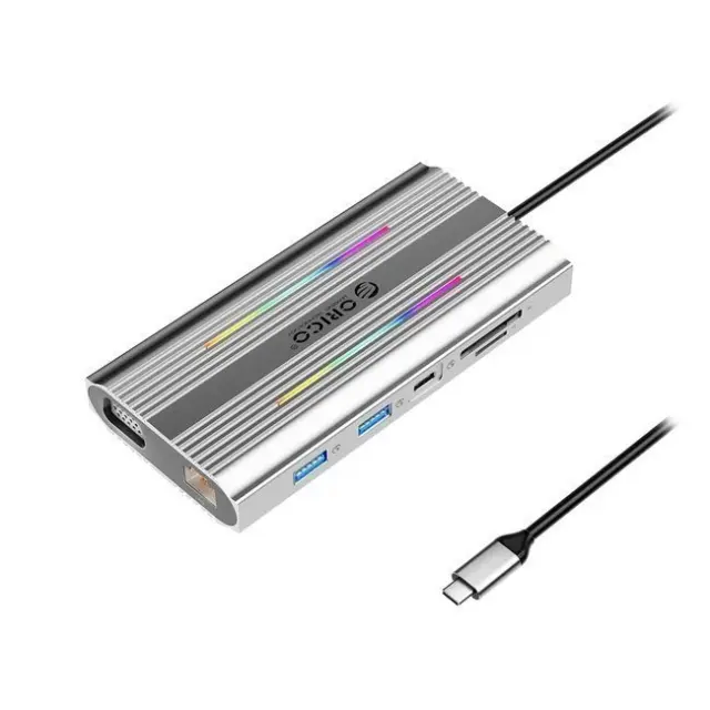Orico Docking Station XDR 12in1 RGB USB-A USB-C PD 100W 2x HDMI 4K60Hz VGA RJ45 Gigabit SD / microSD Card Reader Gray