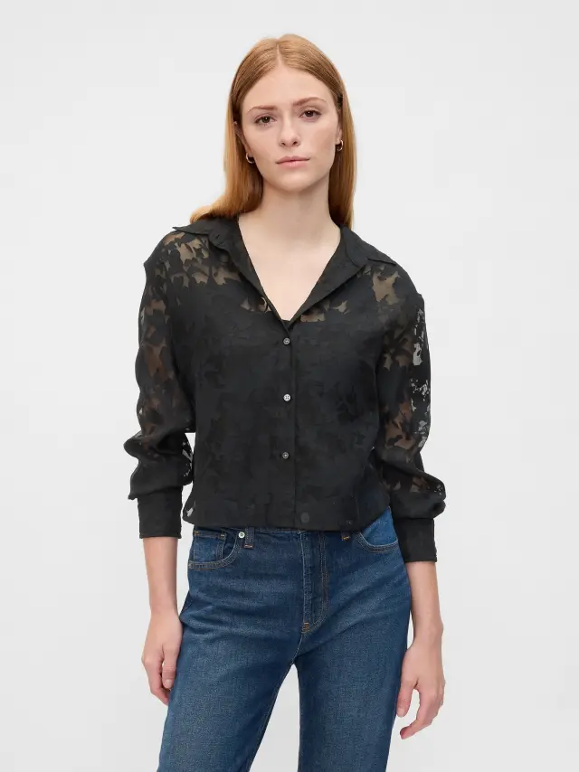 Μαύρη Oversized Cropped Floral Πουκάμισα BLACK - L