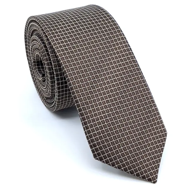 Καφέ - Λευκή Σχεδιαστική Γραβάτα Microfiber Σετ με Μαντήλι