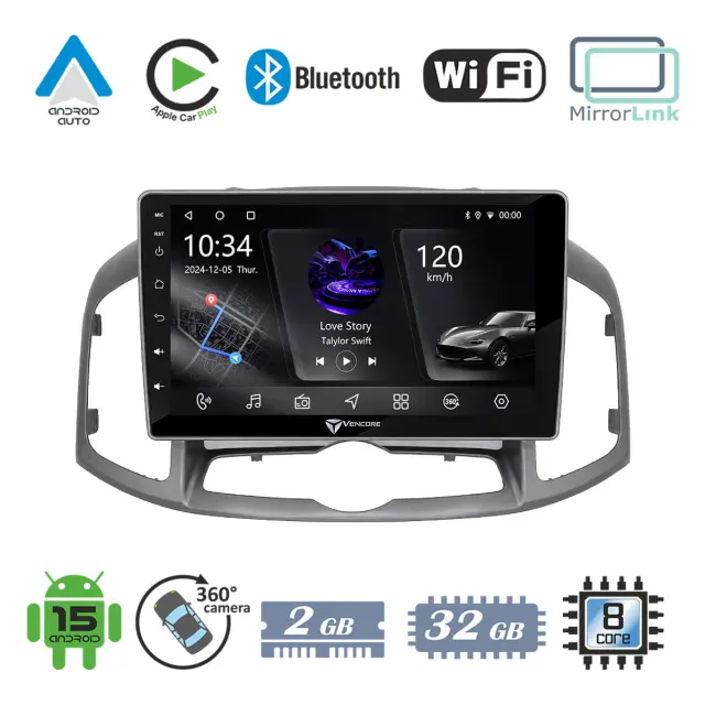 VenCore Οθόνη Multimedia Android 15 9" PX5S Octa-Core 2GB/32GB IPS με Πρόσοψη, CarPlay, Android Auto και Υποστήριξη Κάμερας 360° για Chevrolet Captiva 2012-2016 – Ασημί (3236-10005-0703S)