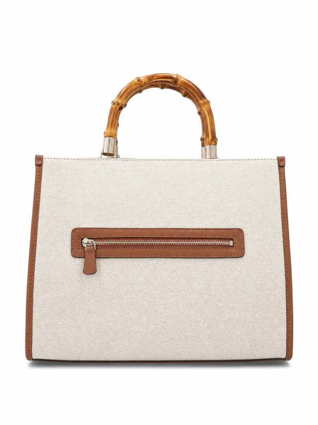 Guess Kerima Bamboo Γυναικεία Τσάντα Tote Εκρού/Καφέ - Μεσαίο 3