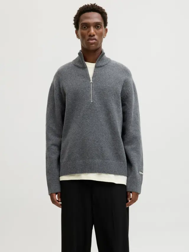 JORNORREBRO KNIT HALF ZIP SN - Dark Grey Melange