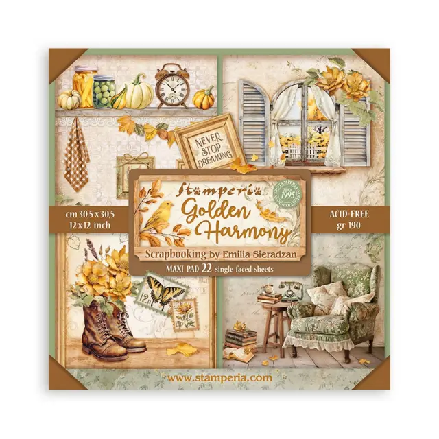 Χαρτιά scrapbooking 22τεμ μονής όψης, 30,5x30,5cm Stamperia, Golden Harmony