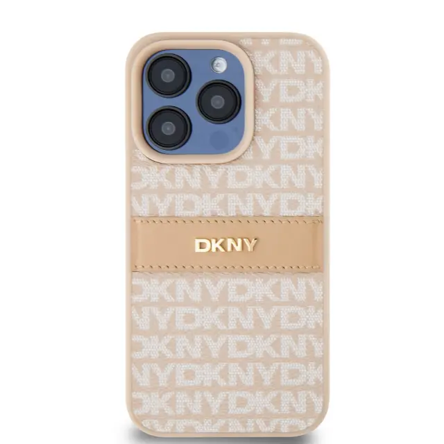 DKNY PU Leather Repeat Pattern Tonal Stripe Case for iPhone 14 Pro Max Pink 2