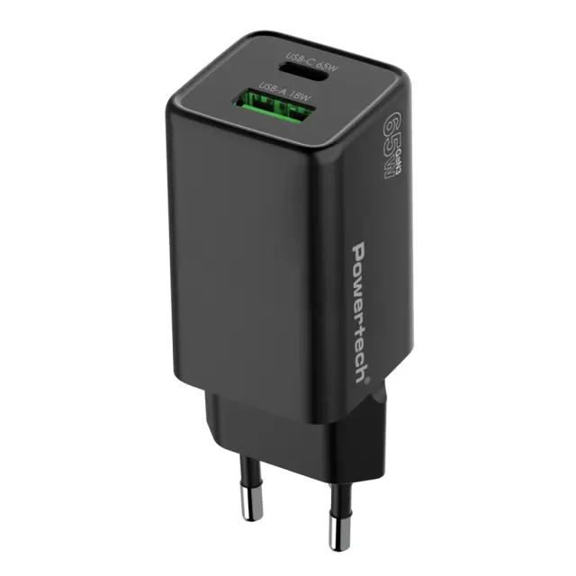 Αντάπτορας Φόρτισης Powertech 65W GaN3 USB & USB-C Wall Adapter PT-1501 Black