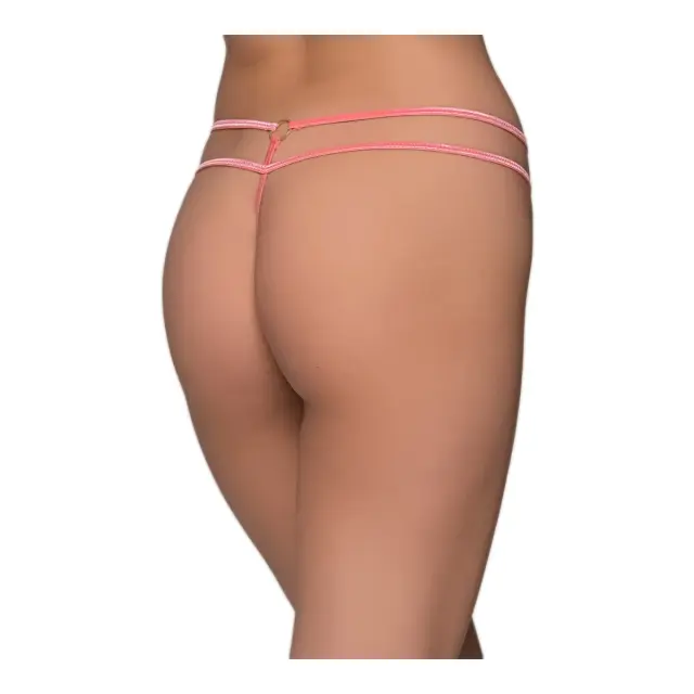 Milena Γυναικείο Micro G-String Γυαλιστερό με Διπλά Λάστιχα & Κρικάκια, Χρώμα Κοραλί 2