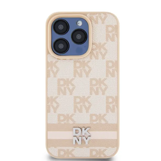 DKNY PU Leather Checkered Pattern and Stripe Case for iPhone 15 Pro Pink 2