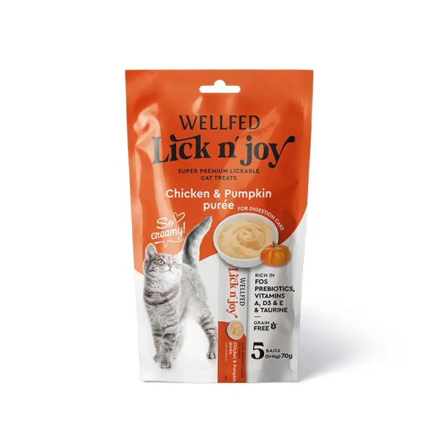 Wellfed Lick N' Joy Λιχουδιά σε Κρέμα με Γεύση Κοτόπουλο & Κολοκύθα για Γάτες (5x14gr) Μονόχρωμο