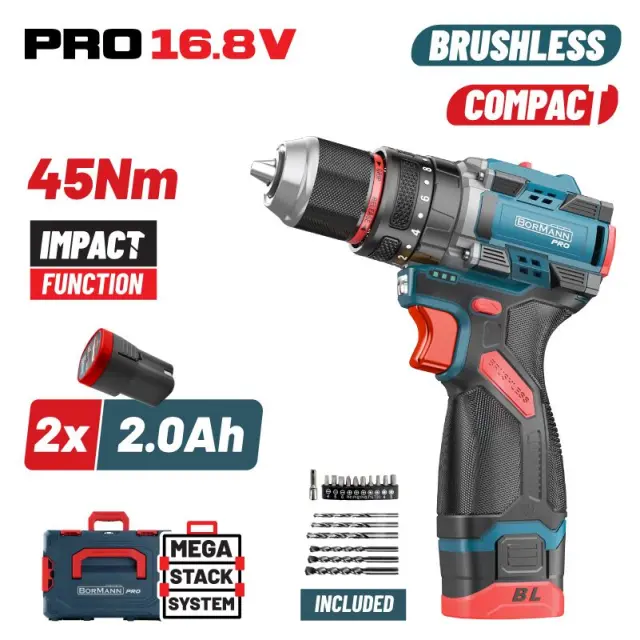 Bormann Pro BBP1645X22CA - Δραπανοκατσάβιδο Κρουστικό Compact Mπαταρίας, Brushless, με Ροπή 45Nm με 2 Μπαταρίες 2Ah (2x2Ah) (085102)