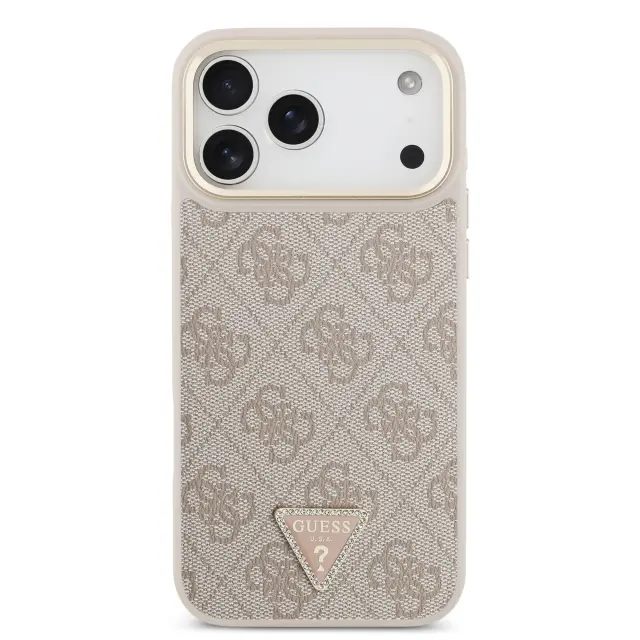 Guess PU Leather 4G Strass Triangle Logo Gold Frame MagSafe Case for iPhone 17 Pro Max Pink 3