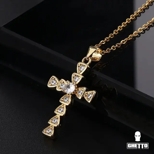 Ghetto Cross Gold18k Pendant CZ Chain Necklace 2