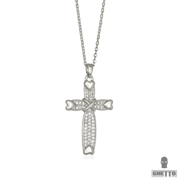Ghetto Cross Zircon with Hearts Pendant Necklace Silver