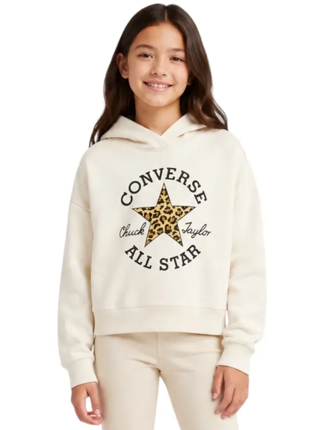 Converse - Παιδική Μπλούζα Φούτερ με Κουκούλα Leopard Chuck Taylor 4CJ841-W70 Λευκό - 8 ετών
