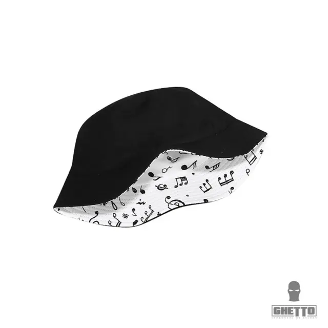 Ghetto White Double Sided Bucket Hat Black Printed Music Notes 2