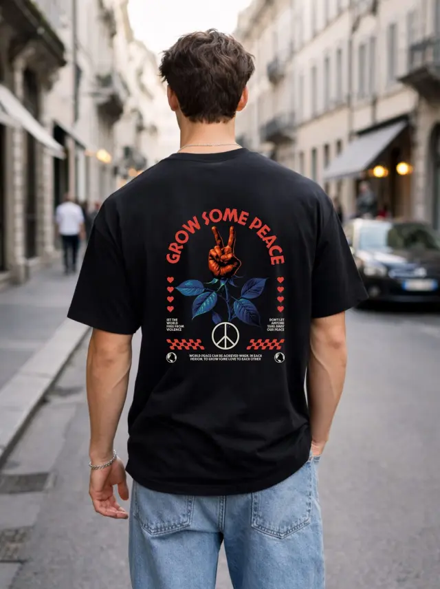 T-shirt Noshame® Oversized Μαύρο με τύπωμα Grow Some Peace - 142666 - XXL