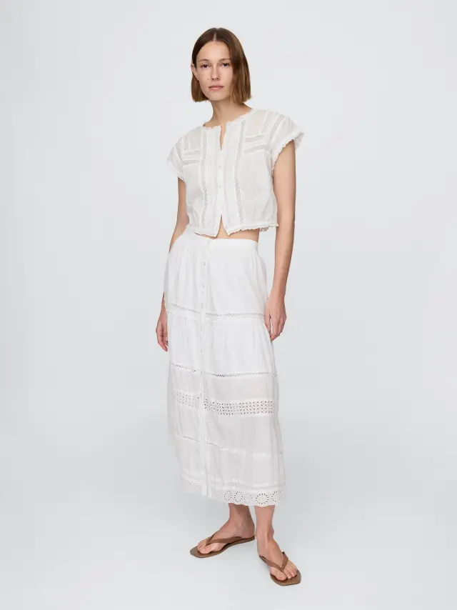 Φούστα Μάξι με Λεπτές Ρίγες και Δαντέλα New off white