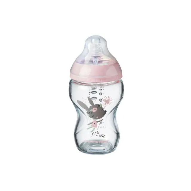 Tommee Tippee Γυάλινο Μπιμπερό Closer To Nature Κατά των Κολικών με Θηλή Σιλικόνης 250ml για 0+ μηνών Pink Mouse
