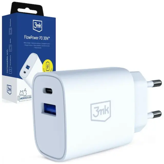 3mk Φορτιστής FlowPower 30W 1x USB-A 1x USB-C PD 3,0 QC4+ White