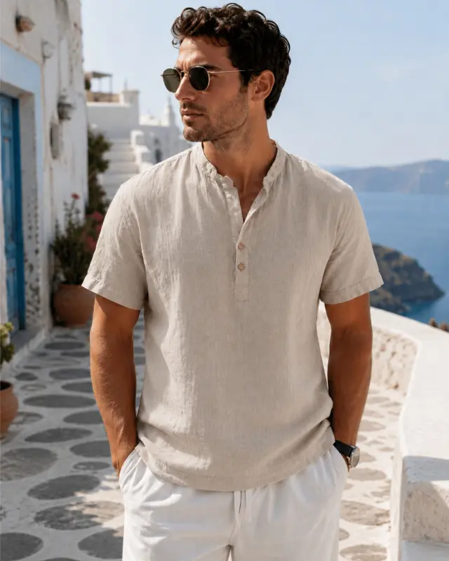 Λινή Πουκαμίσα Mao Noshame® Μπεζ - 382617 - 3XL