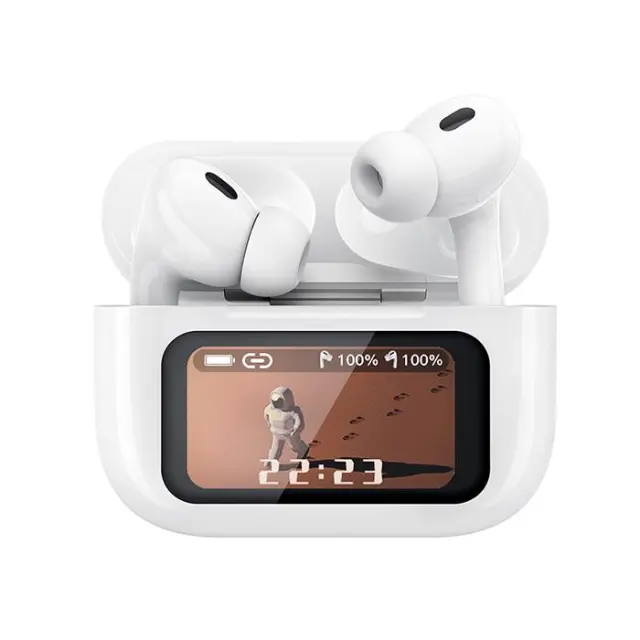 Bluetooth ακουστικά handsfree με θήκη ασύρματης φόρτισης, noise cancellation και οθόνη, σε λευκό χρώμα