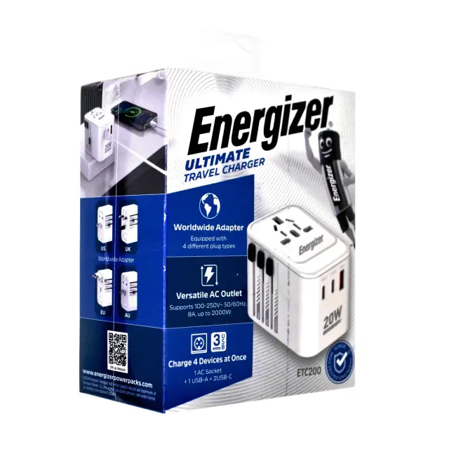 Παγκόσμιος Φορτιστής Ταξιδίου Energizer ETC200 US/AU UK EU με 1xUSB-A 18W και 2xUSB-C 20W/12W Λευκός 2