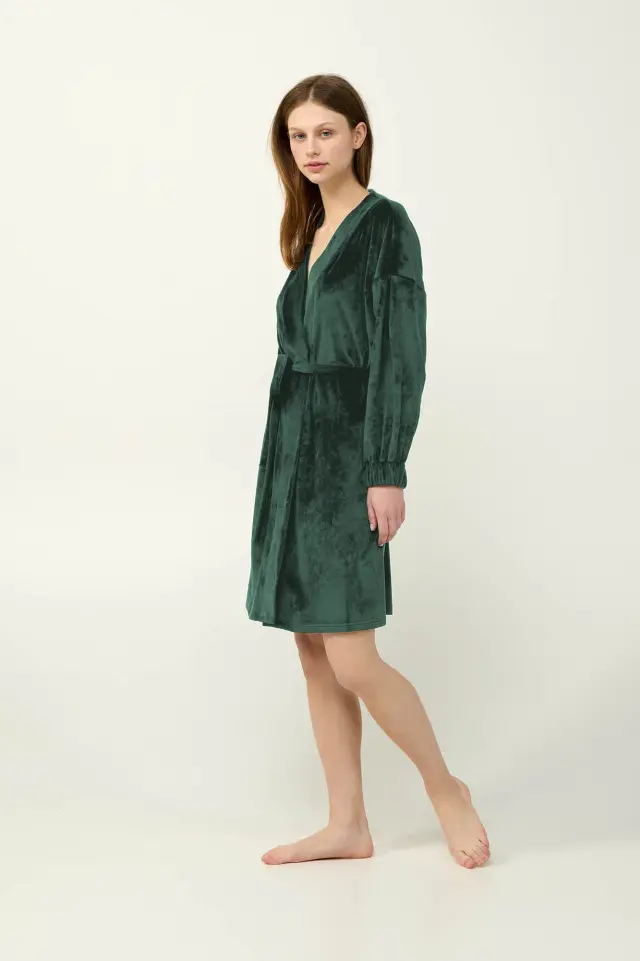 Μονόχρωμη Γυναικεία Velvet Ρόμπα Vamp 23086 GREEN TEAL