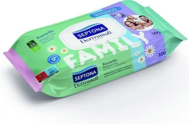 Septona Dermasoft Chamomille Family Μωρομάντηλα χωρίς Οινόπνευμα & Parabens με Χαμομήλι (με καπάκι) 100τμχ