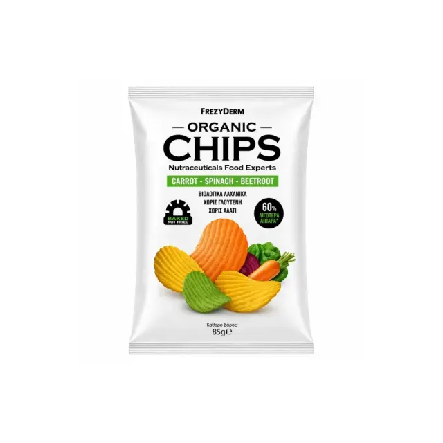 Frezyderm Organic Chips Carrot-spinach-beetroot Βιολογικό σνακ με γεύση Καρότο,Σπανάκι,Παντζάρι, 85g