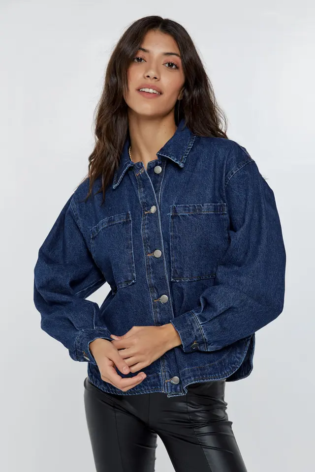 Jean Jacket με Κουμπιά Μπλε Σκούρο