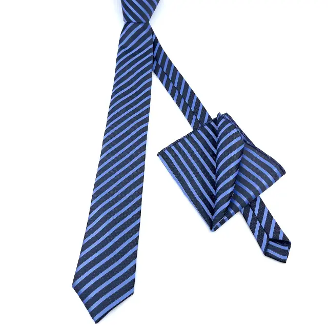 Μπλε Diagonal Ριγέ Γραβάτα Microfiber Σετ με Μαντήλι 3