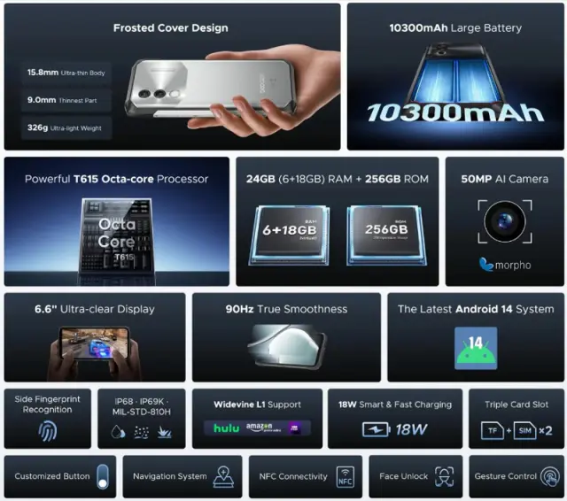 DOOGEE smartphone Blade10 Power, 6.6", 6/256GB, 10300mAh, IP68/IP69K, μαύρο 2