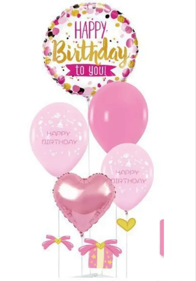 Σύνθεση 6τμχ μπαλόνια Happy Birthday με βάση στήριξης