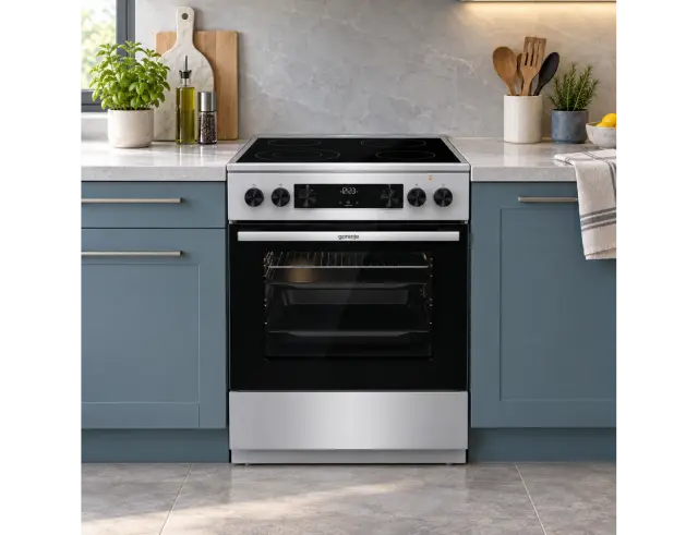 Κουζίνα Gorenje GECS6C70XC με κεραμικές εστίες, χωρητικότητα φούρνου 71L, 11 λειτουργίες ψησίματος και ενεργειακή κλάση Α - Silver GECS6C70XC