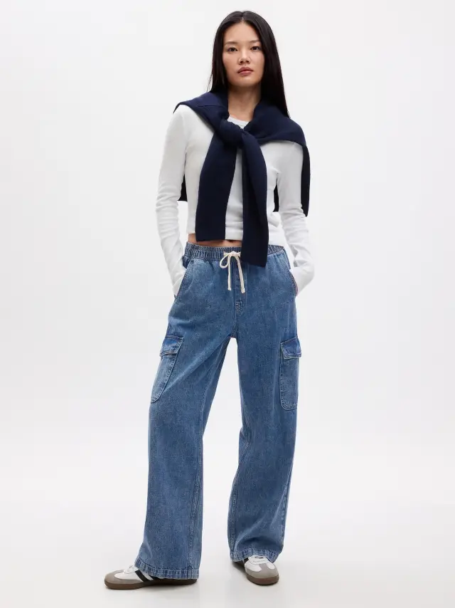 Μπλε High Rise Wide-Leg Pull-On Jean Παντελόνι με Washwell medium wash cargo