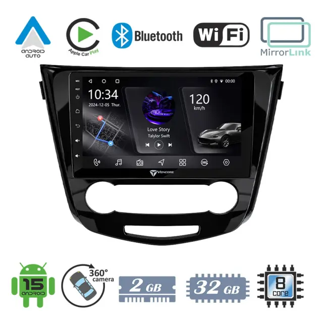 VenCore Οθόνη Multimedia Android 15 10" PX5S Octa-Core 2GB/32GB IPS με Πρόσοψη, CarPlay, Android Auto και Υποστήριξη Κάμερας 360° για Nissan Qashqai 2014-2021 – Μαύρη (3236-10006-0004B)