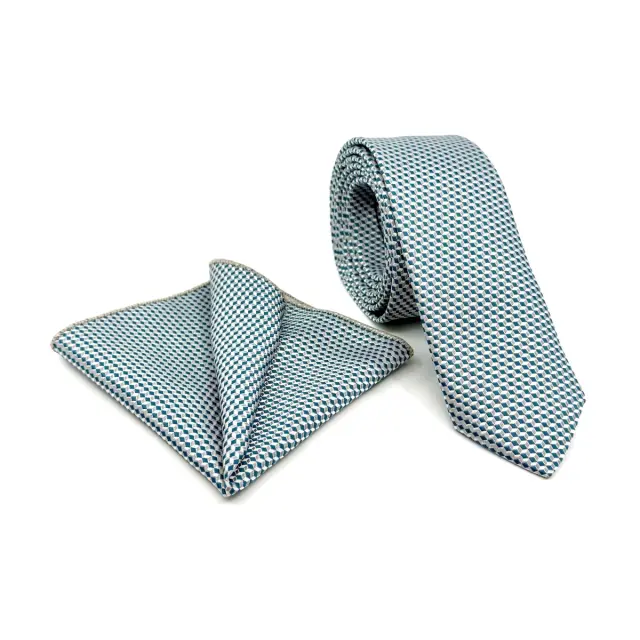 Σιέλ–Πετρόλ Γεωμετρική Γραβάτα Microfiber Σετ με Μαντήλι 6,5 cm