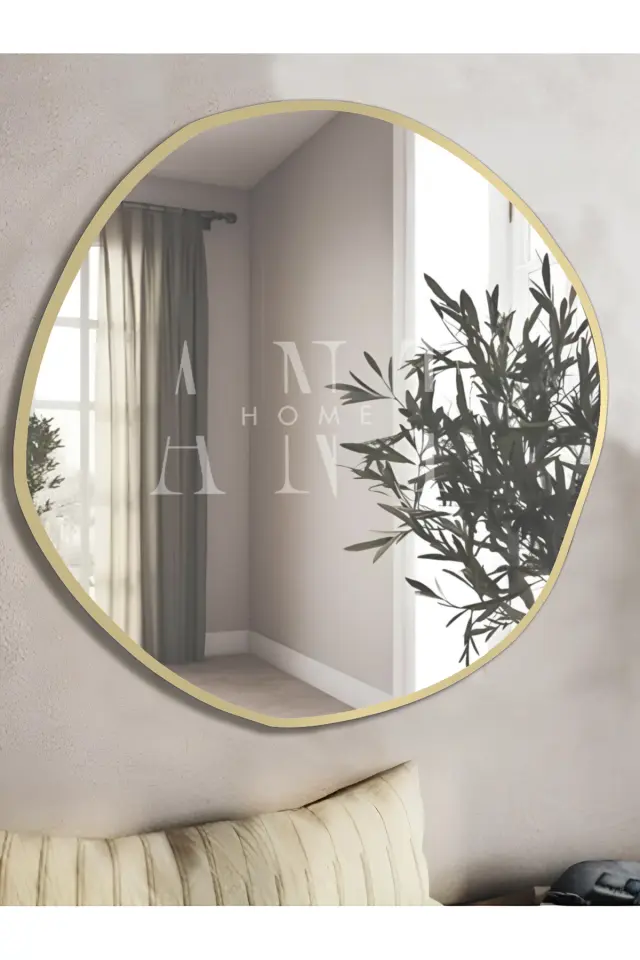 Stewehome Διακοσμητικός ασύμμετρος χρυσός καθρέφτης τοίχου 80 cm για μπάνιο και χολ 80x80 cm 2