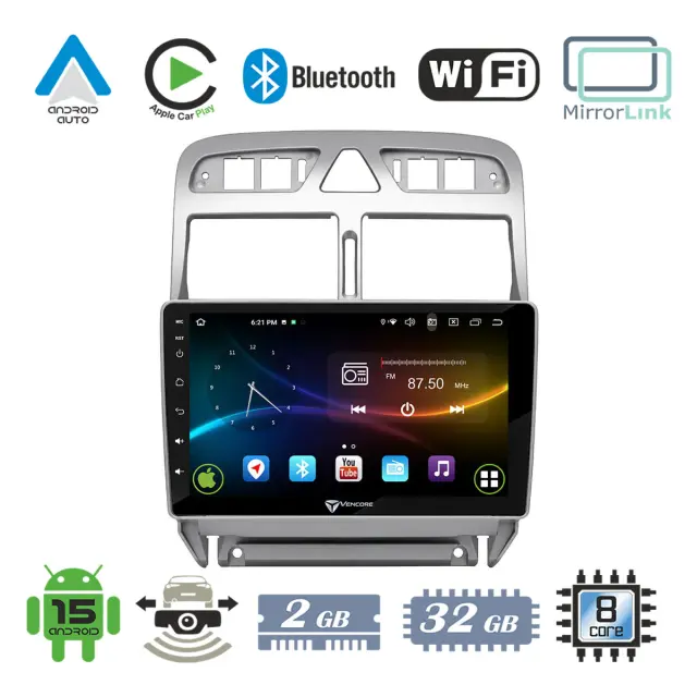 VenCore Οθόνη Multimedia Android 15 9" 9109A MTK6762 Octa-Core 2GB/32GB IPS με Πρόσοψη, CarPlay, Android Auto και Υποστήριξη Κάμερας Οπισθοπορείας AHD για Peugeot 307 2002-2008 – Ασημί (3236-10007-0655S)