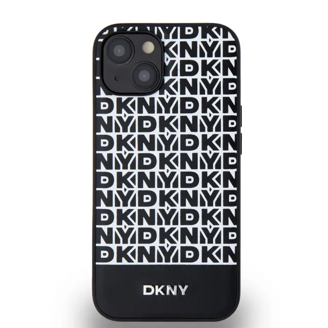 DKNY PU Leather Repeat Pattern Bottom Stripe MagSafe Case for iPhone 14 Black 2