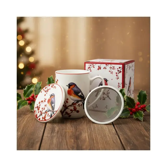 Duo gift Πορσελάνινη Κούπα 360ml με Φίλτρο & Καπάκι: Christmas Birds 3