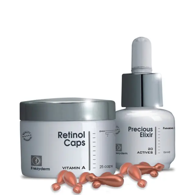 Frezyderm Age Repair Set, Σύστημα αντιγήρανσης και επανόρθωσης για το πρόσωπο και το λαιμό με κάψουλες Ρετινόλης και Ελιξήριο Νεότητας 25 retinol caps, 15ml retinol elixir
