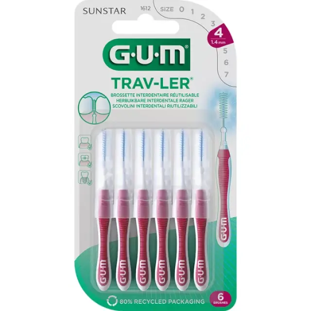 GUM Trav-Ler Μεσοδόντια Βουρτσάκια 1,4mm Κόκκινο 1612 με Προστατευτικά Καπάκια 6 Τεμάχια