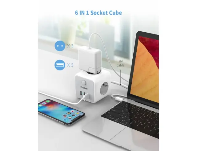 Πολύπριζο Tessan 6-σε-1 Powercube Strip (TS-301-C) - 3xSchuko, 2xUSB, Type-C, καλώδιο 2mTS-301-C 2