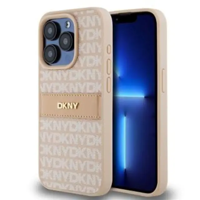 DKNY PU Leather Repeat Pattern Tonal Stripe Case for iPhone 15 Pro Max Pink
