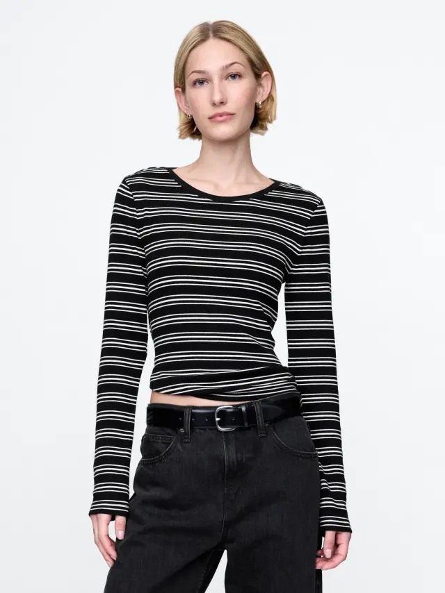 Μαύρη Modern Rib Cropped Μπλούζα Black and white stripe