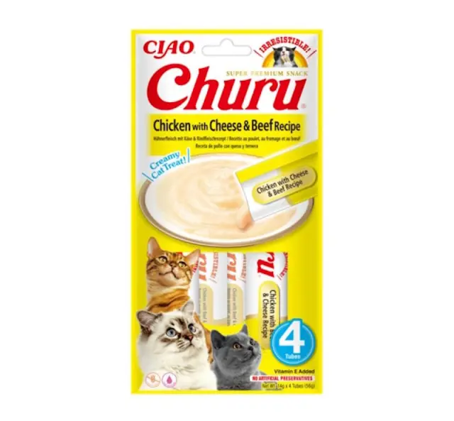 Ciao Churu Λιχουδιά σε Κρέμα με Γεύση Κοτόπουλο, Τυρί & Μοσχάρι για Γάτες (4x14gr) Μονόχρωμο