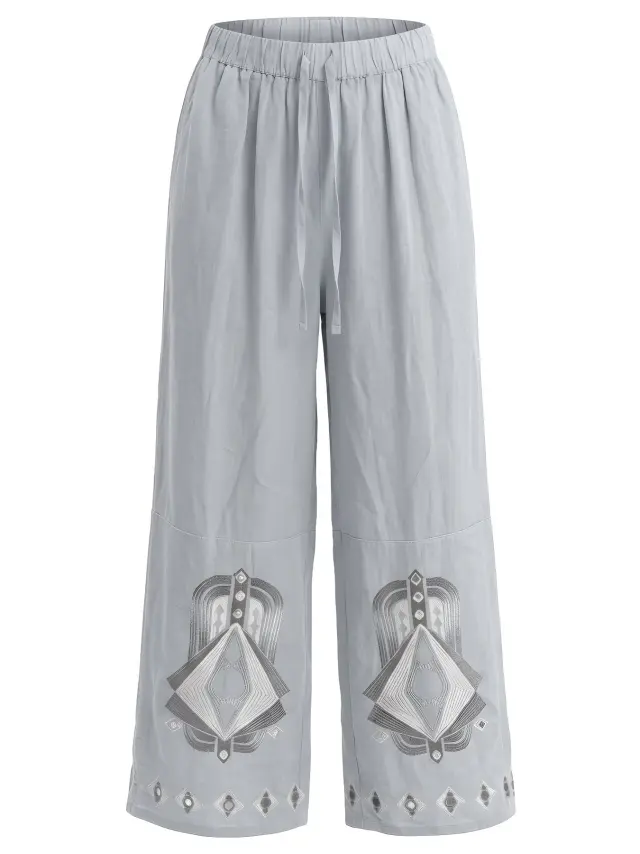 Nema Resortwear Κεντητό Παντελόνι Ramie Γκρι - L 3